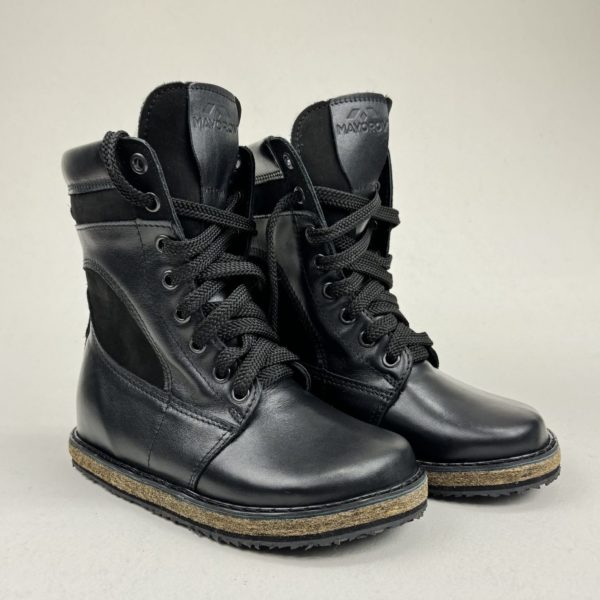 Ботинки босоногие - женские чёрные кожаные, на войлочной подошве